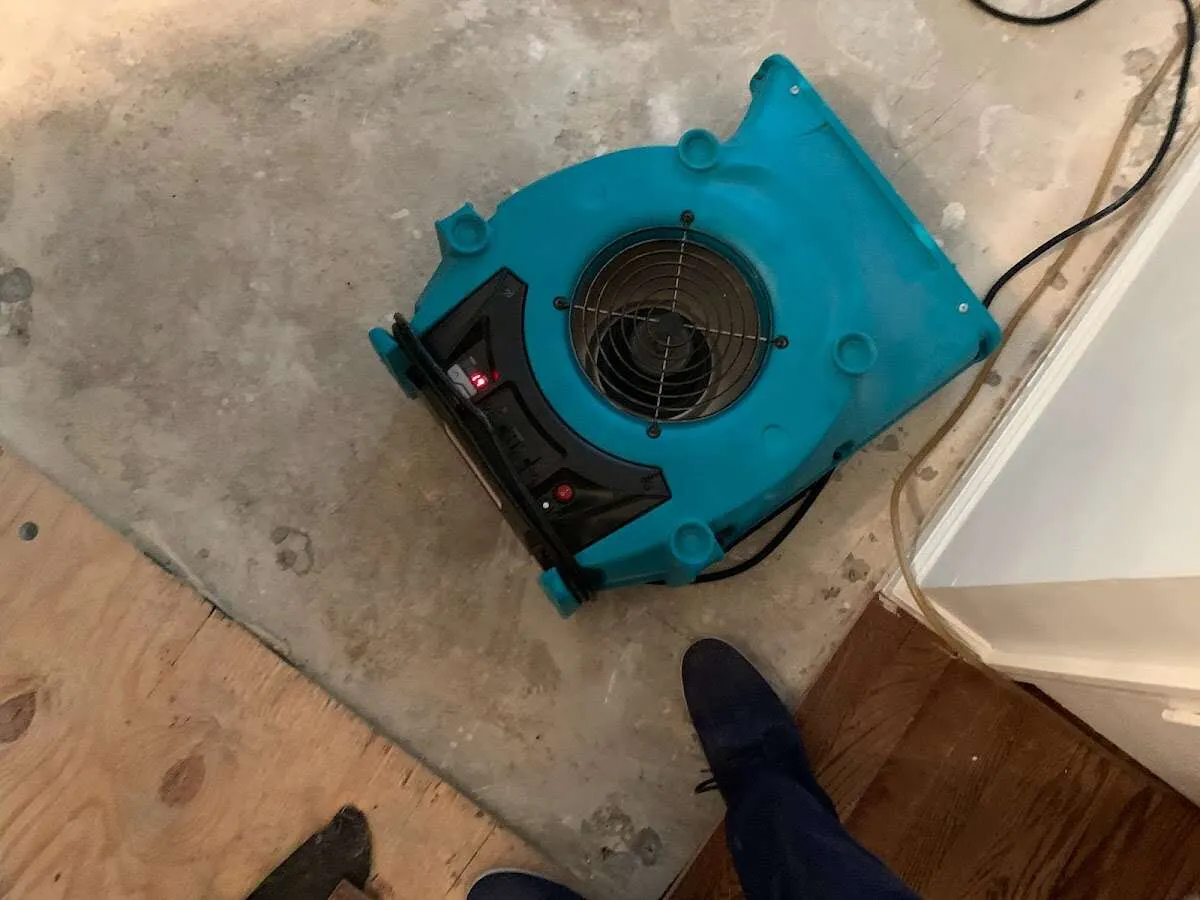 Air mover drying subfloor during Leak Detection & Repair in Grinnell
